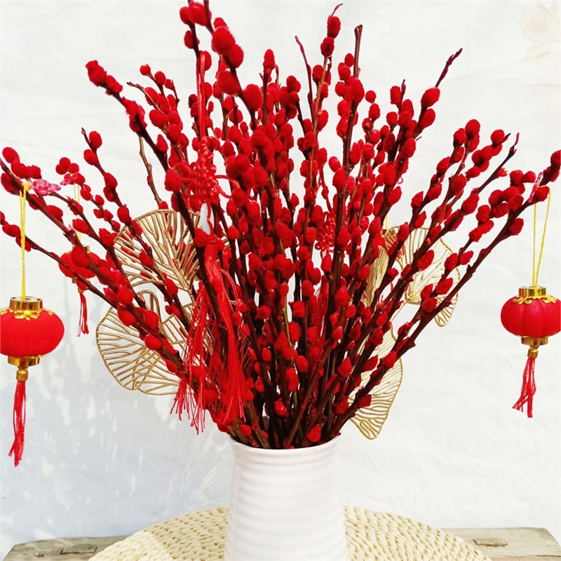 花知趣银柳真花鲜枝水培花卉盆栽红色福桶银柳套装带盆春节年宵装饰