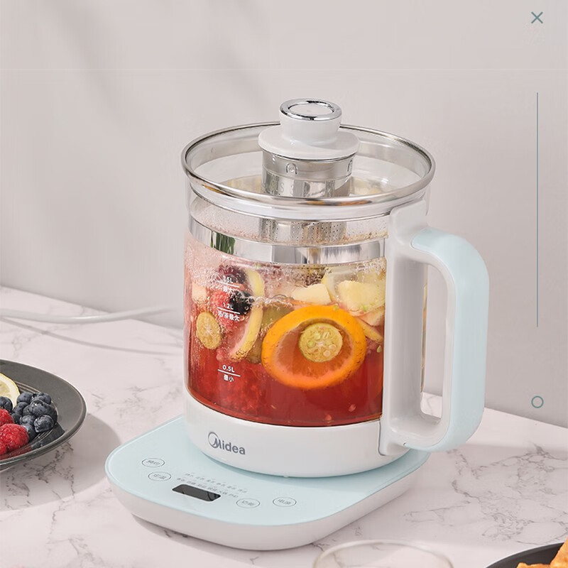 美的(Midea)养生壶电水壶泡茶煮水火锅大口径玻璃触摸屏1200W大火力 15MY01 浅蓝色高清大图