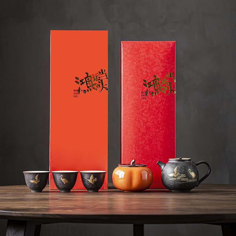 領藝 优选鸿运茶具套装家用小套中式茶礼陶瓷功夫泡茶器送礼定制 鸿运当头(金鹤)1壶3杯1罐礼盒装