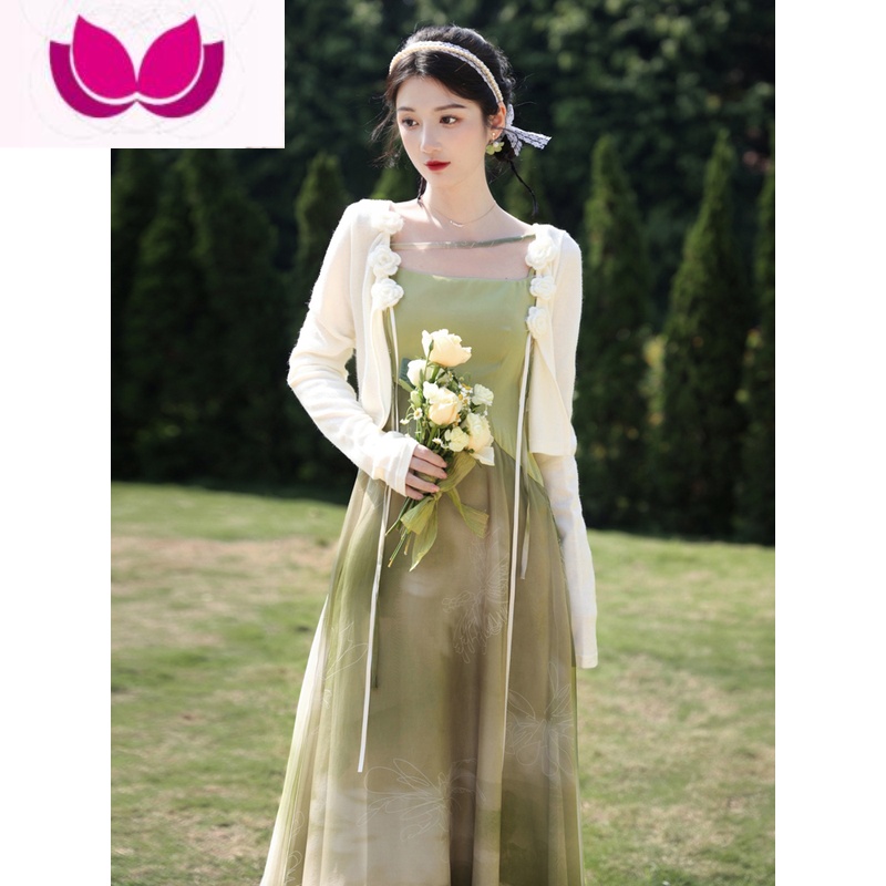 七斓绿色吊带连衣裙法式桔梗套装海边度假沙滩长裙夏子超装法夏边高清大图