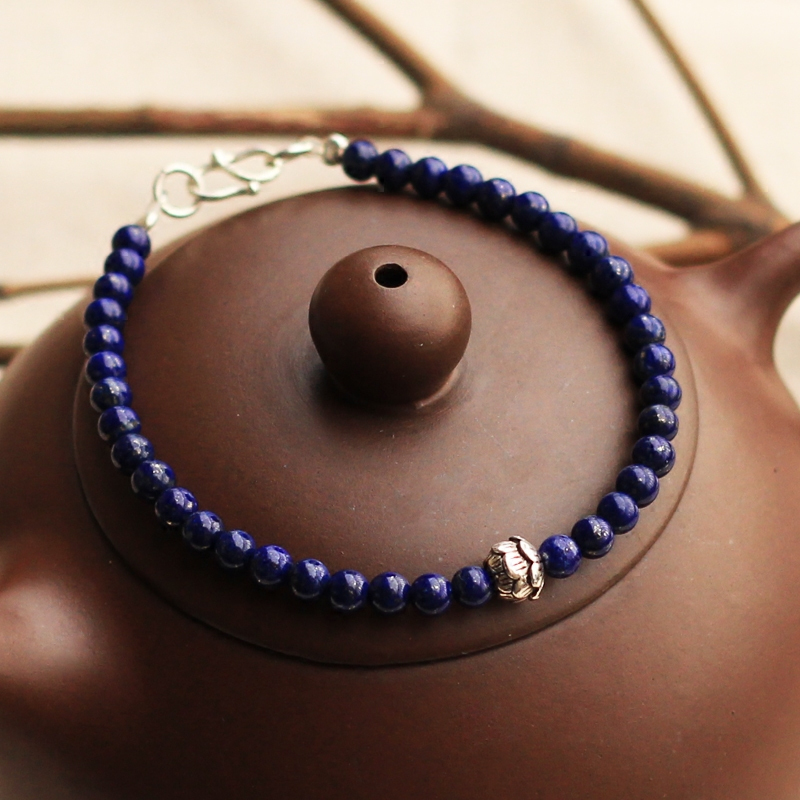 青金石单层手链荷花手环女款s925配饰手串饰品送女朋友七夕情人节礼物