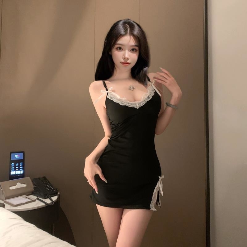 网红吊带睡衣女裙夏性感可爱修身纯欲风蕾丝可胸垫睡裙家居服1361高清大图