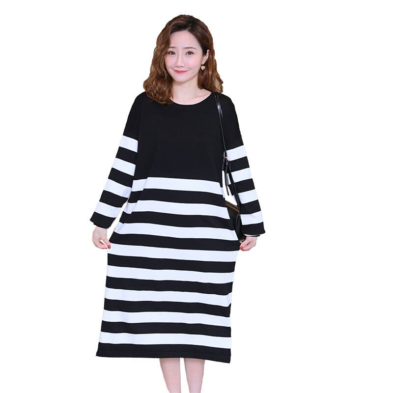 迪鲁奥(DILUAO)孕妇装2021春秋韩版针织条纹宽松孕妇连衣裙休闲中长款外出孕妇裙 黑色 均码图片