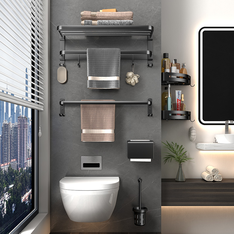 卫生间置物架壁挂收纳卫浴浴室厕所黑色太空铝浴巾架毛巾杆毛巾挂架