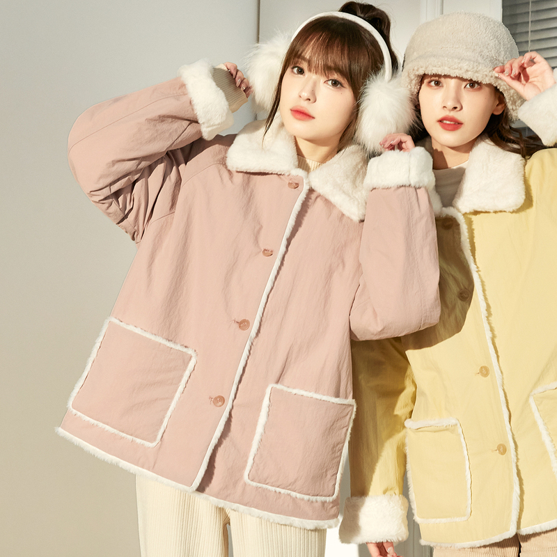 唐狮2022年秋冬新款翻领棉衣女甜美百搭宽松休闲冬季棉服外套加厚_81011 M 浅粉红