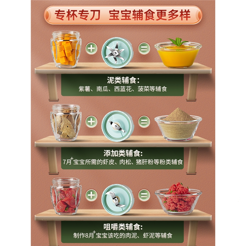 法耐辅食机婴儿打泥机家用多功能小型破壁搅拌机迷你婴幼儿宝宝料理棒 升级六叶刀杏仁白全自动三杯三刀 HH-200C
