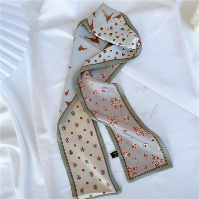 新款时尚韩版百搭印花小丝巾女长条细窄围巾丝巾绑包带发带学生绿色系