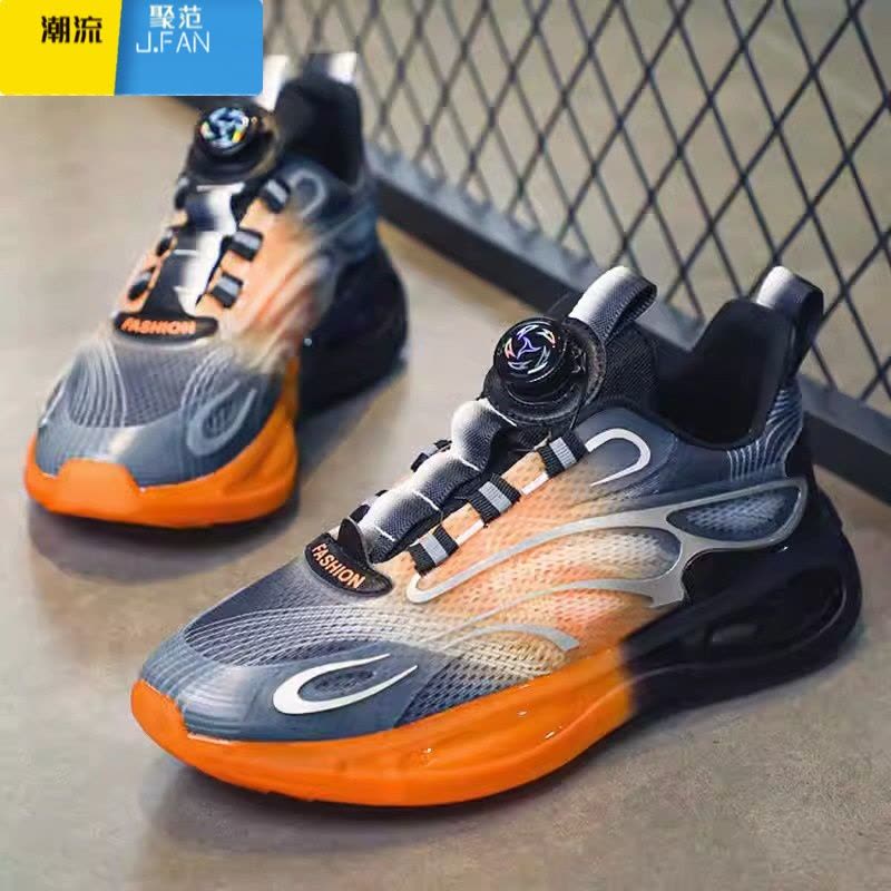 聚范旋转纽扣运动鞋男款夏季网面透气青少年免系带休闲气垫跑步鞋图片