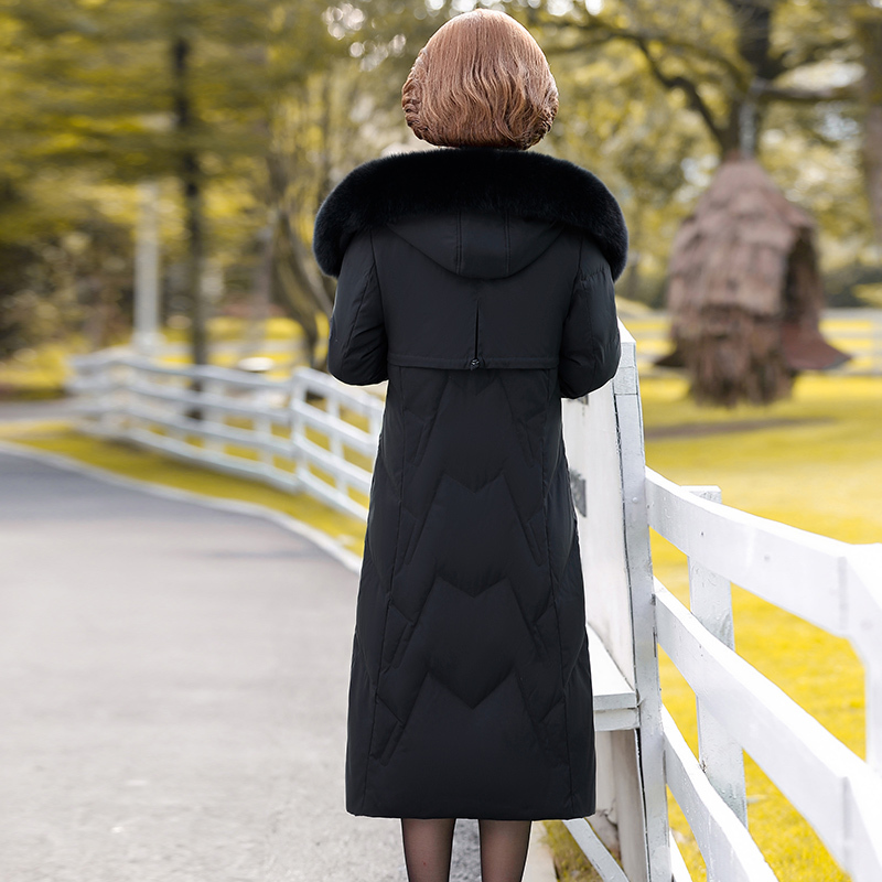 狐狸毛领羽绒服女中长款过膝冬装宽松中老年大码yrf奶奶白鸭绒外套