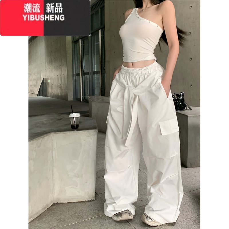 YIBUSHENG休闲运动套装辣妹白色短款斜肩背心女季绑带工装阔腿裤子两子S M 裤子