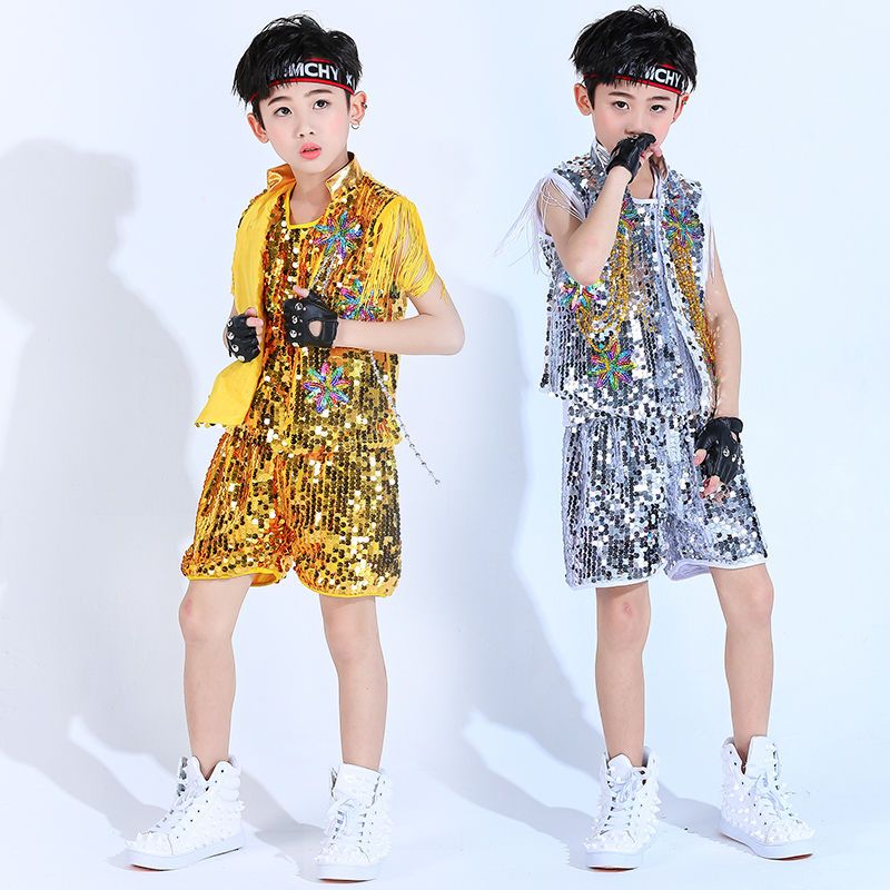 新款儿童架子鼓街舞演出服幼儿园亮片爵士舞表演服男孩套装夏季潮