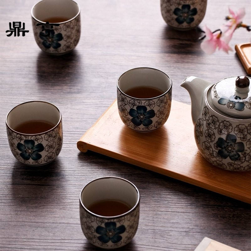 鼎亨日式釉下彩茶具复古茶壶茶杯过滤网陶瓷壶家用功夫茶具套装凉