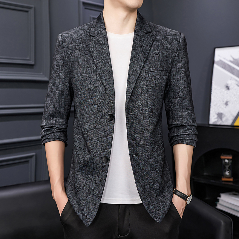 免费退换 时尚青年单西便服男士商务休闲外套秋新款格子西装男修身西服春秋单西修身外套西服西装专柜正品特款高清大图