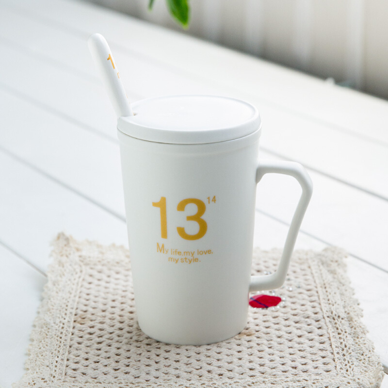 瓷魂 创意陶瓷杯子情侣水杯咖啡杯带盖带勺马克杯牛奶杯 1314白色