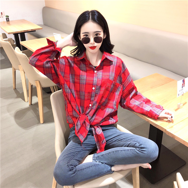 经典红色小清新格子衬衫女长袖宽松韩版学院复古bf风学生外穿外套