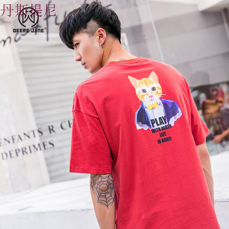 夏季字母印花猫头趣味人物图案短袖体恤日系男生宽松落肩半袖衣服红色
