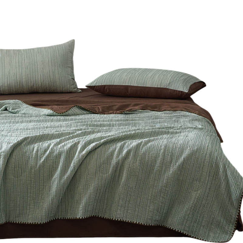 铭思沃夏被四件套1.5米床 绿条纹 套高清大图
