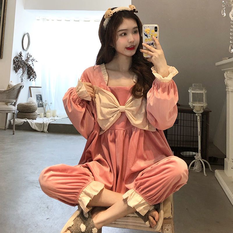 睡衣女装秋冬2020新款宫廷公主风蝴蝶结宽松可外穿家居服 两件套