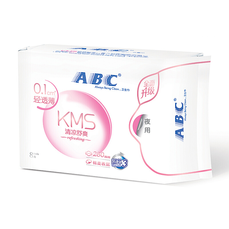 ABC卫生巾0.1cm轻透薄 夜用8片装 280mm 棉柔表层