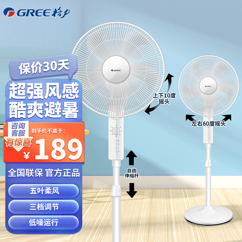 格力(GREE)落地扇 FD-40X52 家用风扇 轻音低噪 落地扇立式宿舍摇头电风扇120分钟定时 时尚白色电风扇