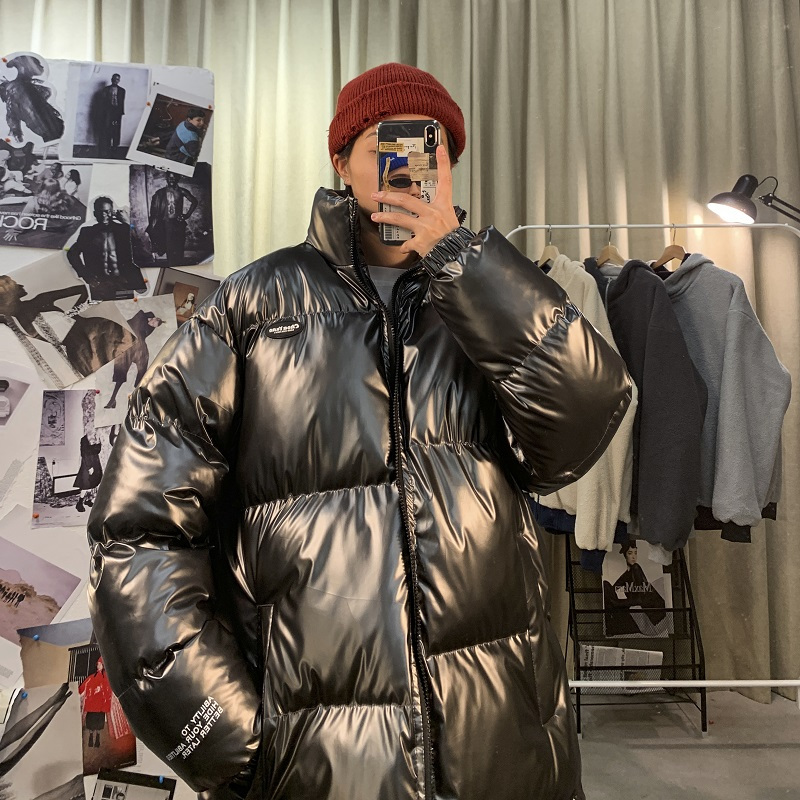 BaLuoShang@ 冬季潮流立领亮面黑色棉服潮牌宽松面包服棉衣外套男棉衣