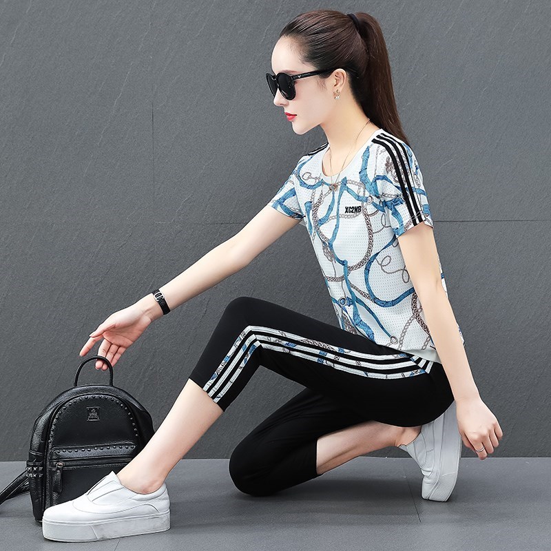 phu时尚跑步运动服套装女夏季薄款短袖七分裤冰丝宽松休闲两件套