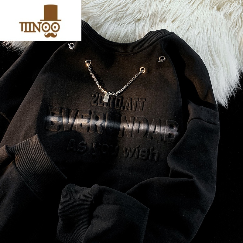 YANXU美式项链卫衣男潮牌字母压花设计小众情侣上衣复古宽松圆领套头字高清大图