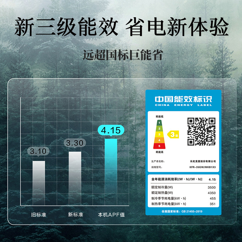 美菱(MELING)空调1.5匹新能效变频 洁净健康柔风防直吹 冷暖家用纤羽挂壁式空调挂机KFR-35GW/MKB1X3