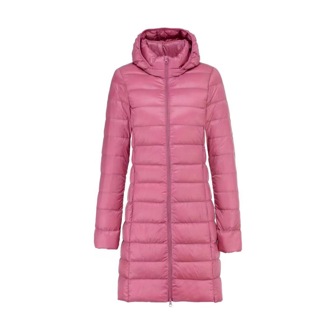 新款女式纯色女装连帽带帽可拆卸羽绒服中长款大码外套_61430 皮粉 2XL