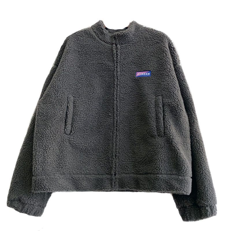 新款复古日系宽松bf风复合加绒加厚灰色羊羔绒棉袄棉服毛呢外套