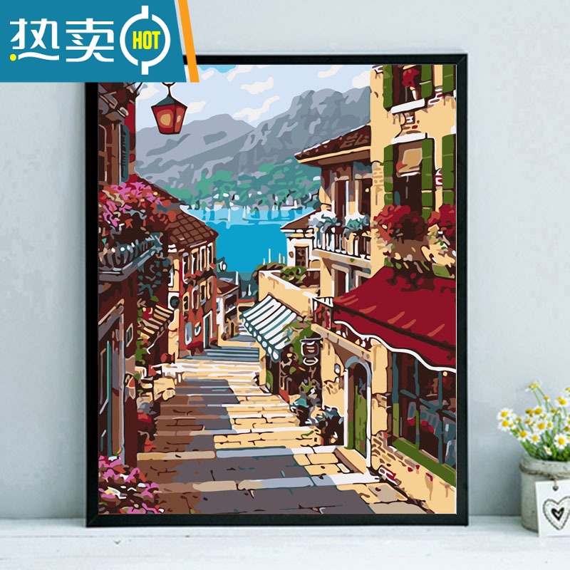 敬平diy手绘日式茶屋油彩画减压涂色数码画客厅风景装饰挂画装饰画 X121休闲山庄 60*75内框+黑/白/金色组装外框彩色画板+颜料+画笔+挂