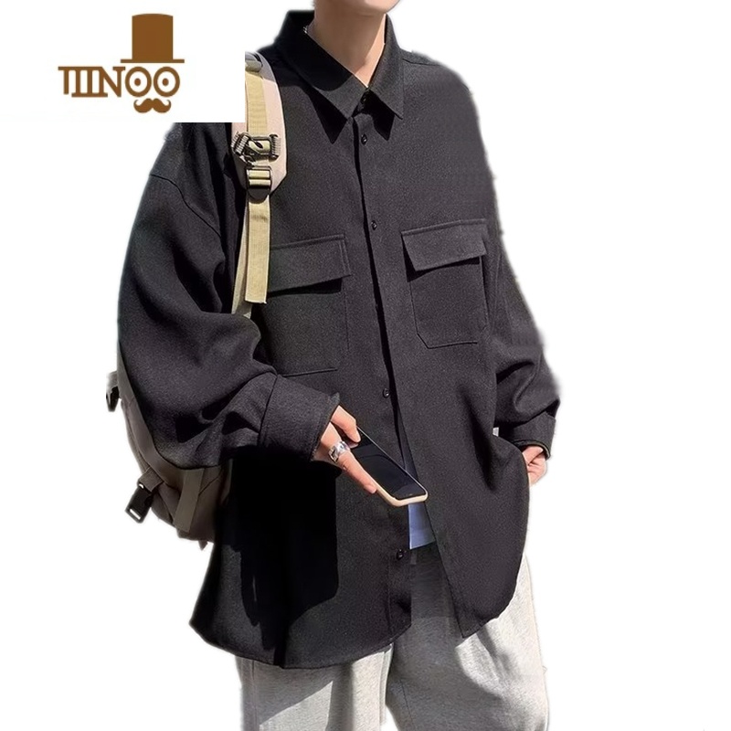 YANXU长袖衬衫男新款港风宽松纯色上衣青年潮牌工装外套潮流寸衫高清大图