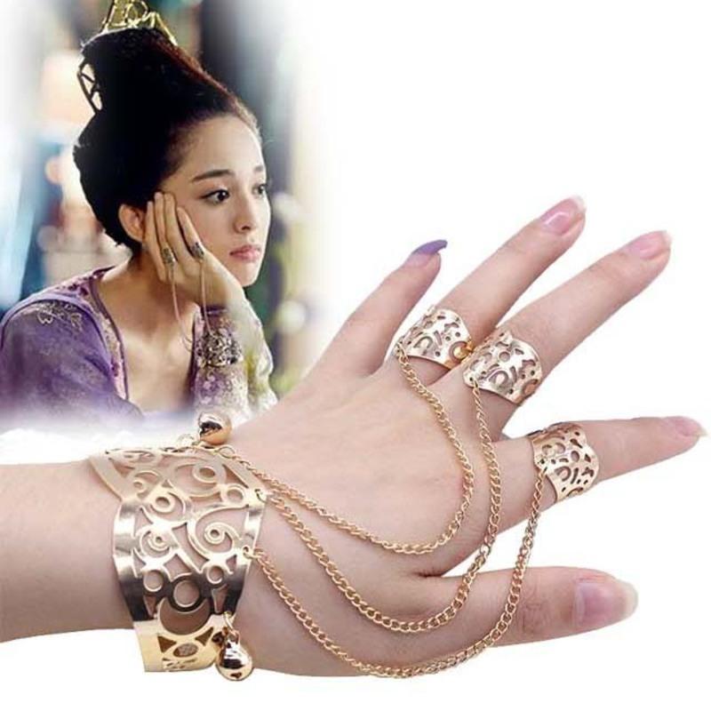 链镂空手镯古装青丘狐同款戒指手链s12青丘狐同款手镯戒指一体链金色