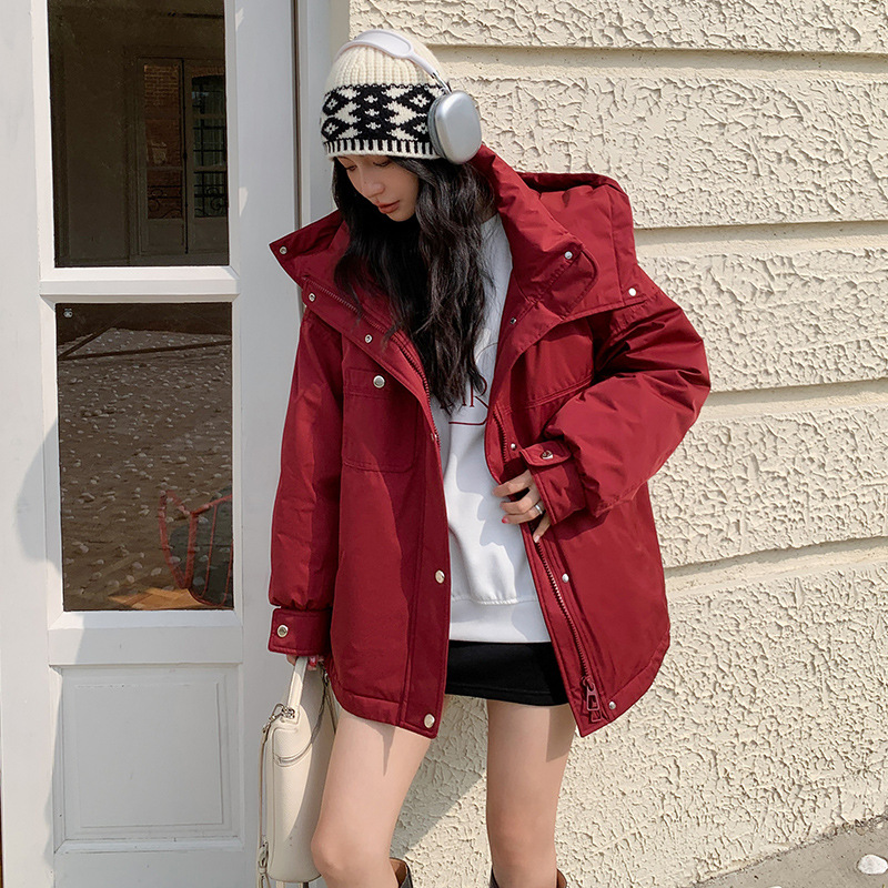 2025冬季新款平湖羽绒服女中长款户外休闲工装派克服洋气韩版加厚 红色 S125斤以内