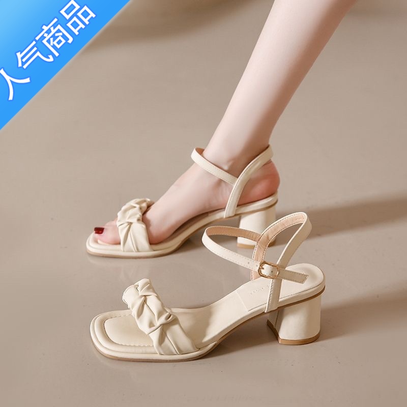 SUNTEK真软皮包头凉鞋女2023新款法式仙女风罗马小众粗跟一字带时尚女鞋高清大图