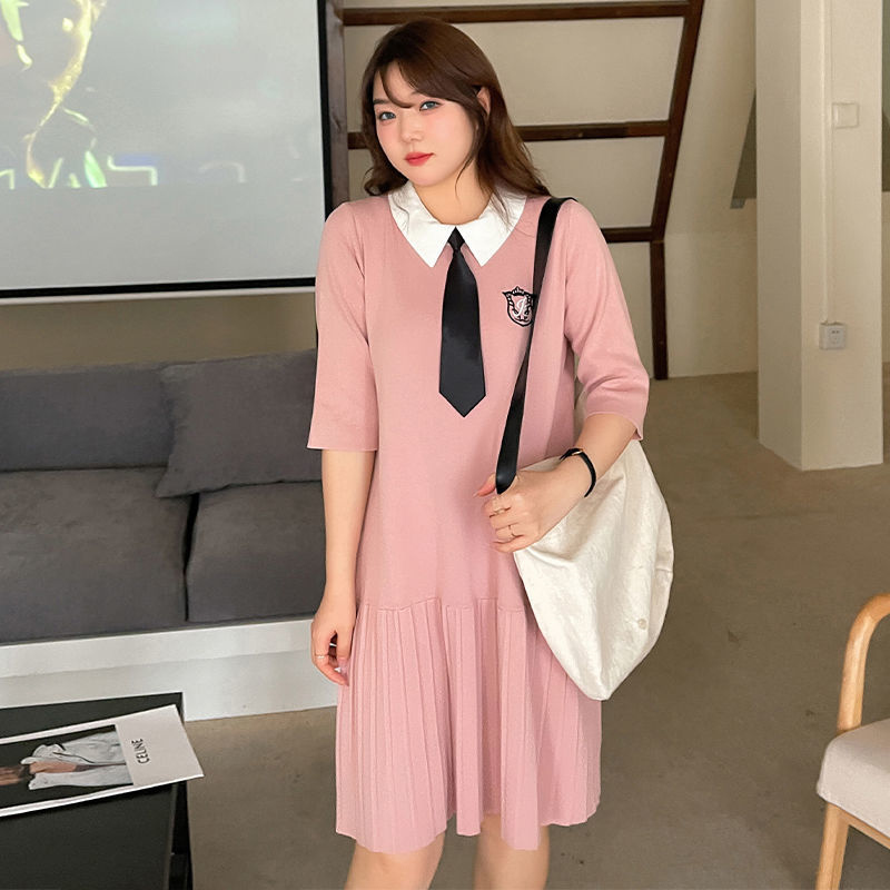 美动态大码女装韩版学院风连衣裙夏新款200斤胖mm显瘦甜美针织裙