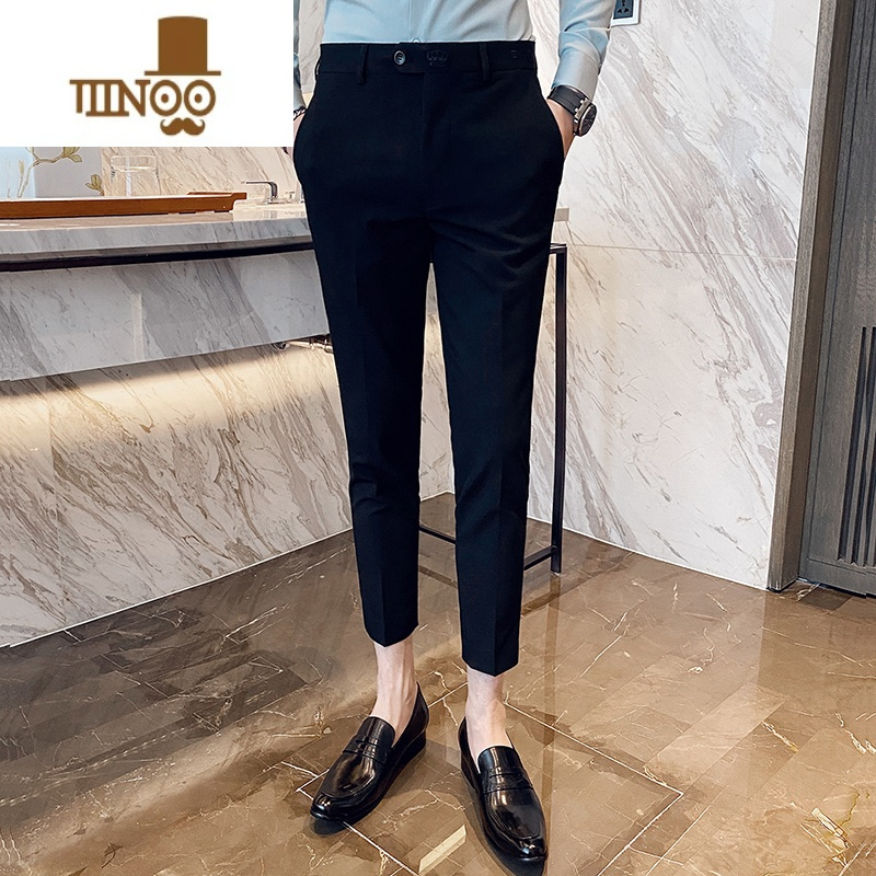 yanxu秋季休闲西装裤子男长裤修身韩版坠感刺绣小西裤潮流小脚九分裤