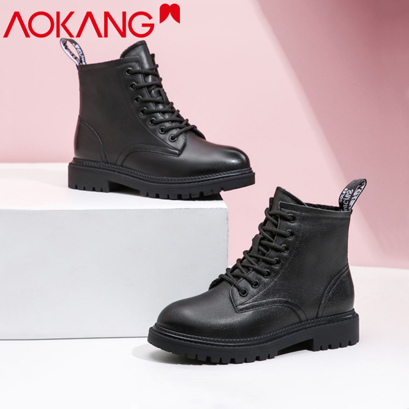 奥康女鞋厚底马丁靴女英伦风短靴休闲百搭皮靴牛皮女靴子