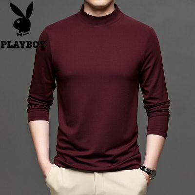 花花公子品牌男装含桑蚕丝纯色半高领打底衫长袖T恤男日系时尚百搭男士体恤衣服男2021秋季新_133 4XL码 酒红