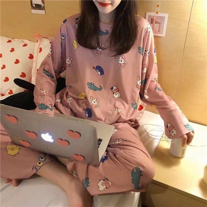 高档睡衣女春秋款长袖大码套装韩版中老年冬夏季家居服月子服 粉色鳄鱼 M [70-95斤]