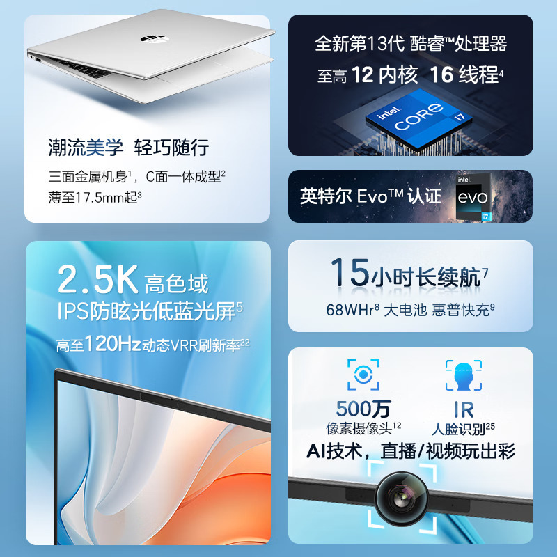 惠普(HP)锐Pro 14英寸商务办公学习本定制轻薄本笔记本电脑(酷睿13代i7-1360P 高频16G内存 2TB固态 2.5K屏 120HZ高刷 高色域 Evo认证 长续航)
