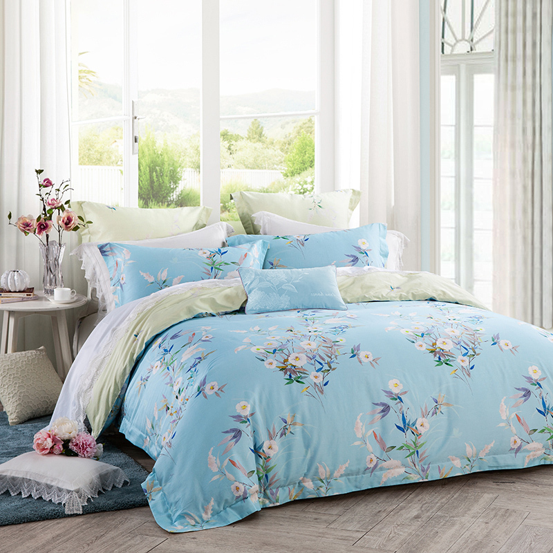 lovo家纺床品四件套全棉贡缎60支高支高密高端田园风床上用品纯棉床单