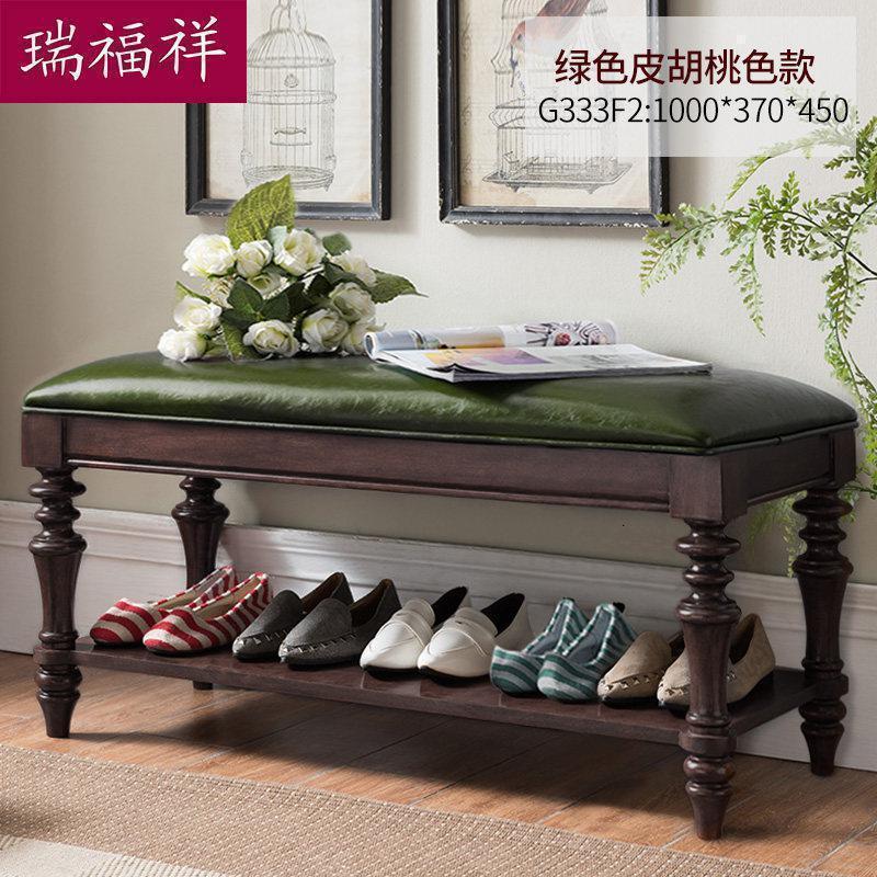 森美人美式实木可坐换鞋凳鞋柜欧式客厅长条沙发凳口穿鞋凳G 换鞋凳-绿色皮（1000*370*450）胡桃色-- 默认尺寸