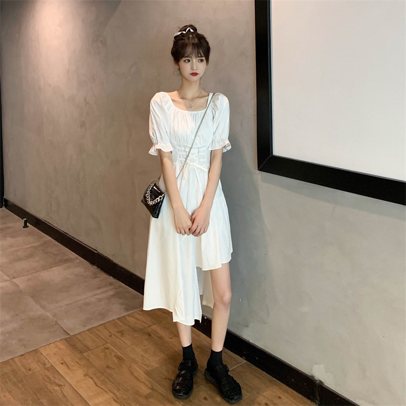 145小个子显高收腰不规则连衣裙150矮个子法式小众桔梗中长裙XS码 白色 小个子短款
