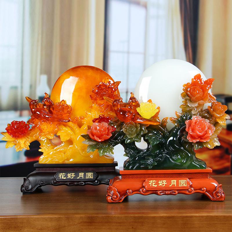 美帮汇花好月圆牡丹花仿玉摆件鸳鸯鸟客厅工艺品家居创意结婚新房装饰品高清大图
