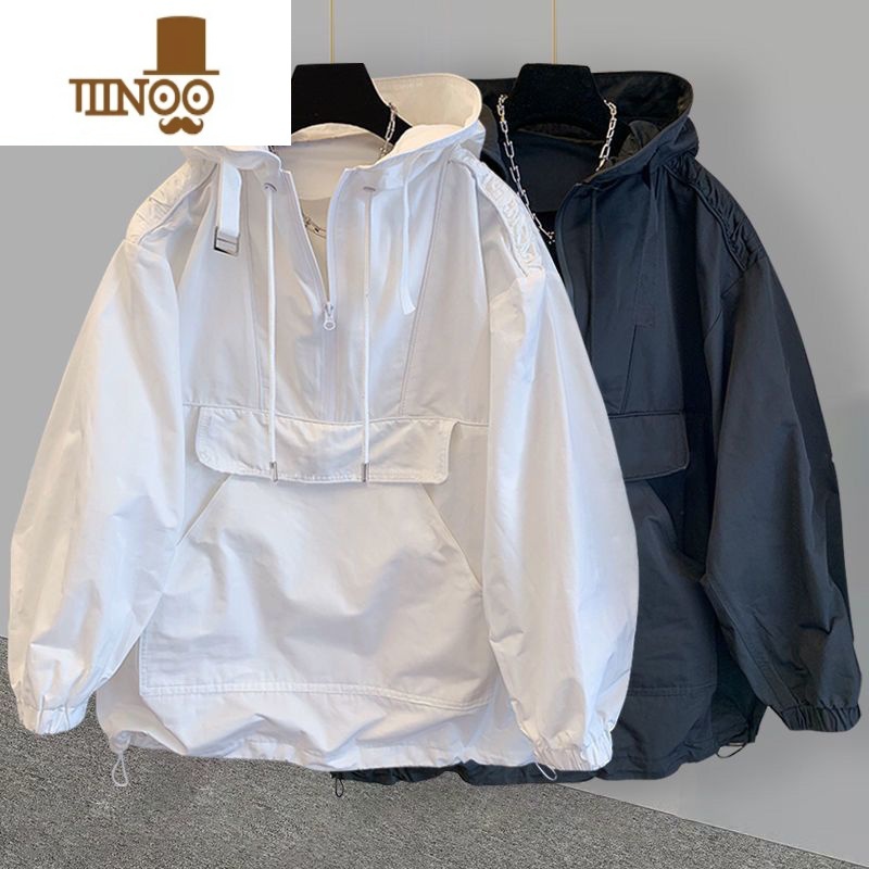 YANXU300斤特大码简约连帽冲锋衣200斤外套男女秋新款宽松工装拼接风款高清大图