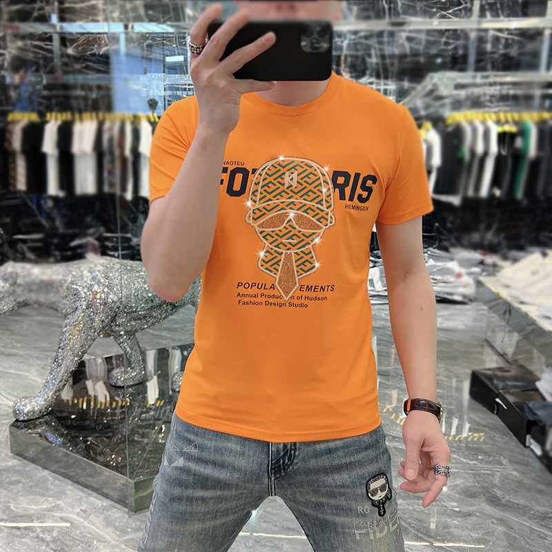 夏季2024新款男士个性烫钻上衣男百搭休闲潮流百搭圆领青年短袖男