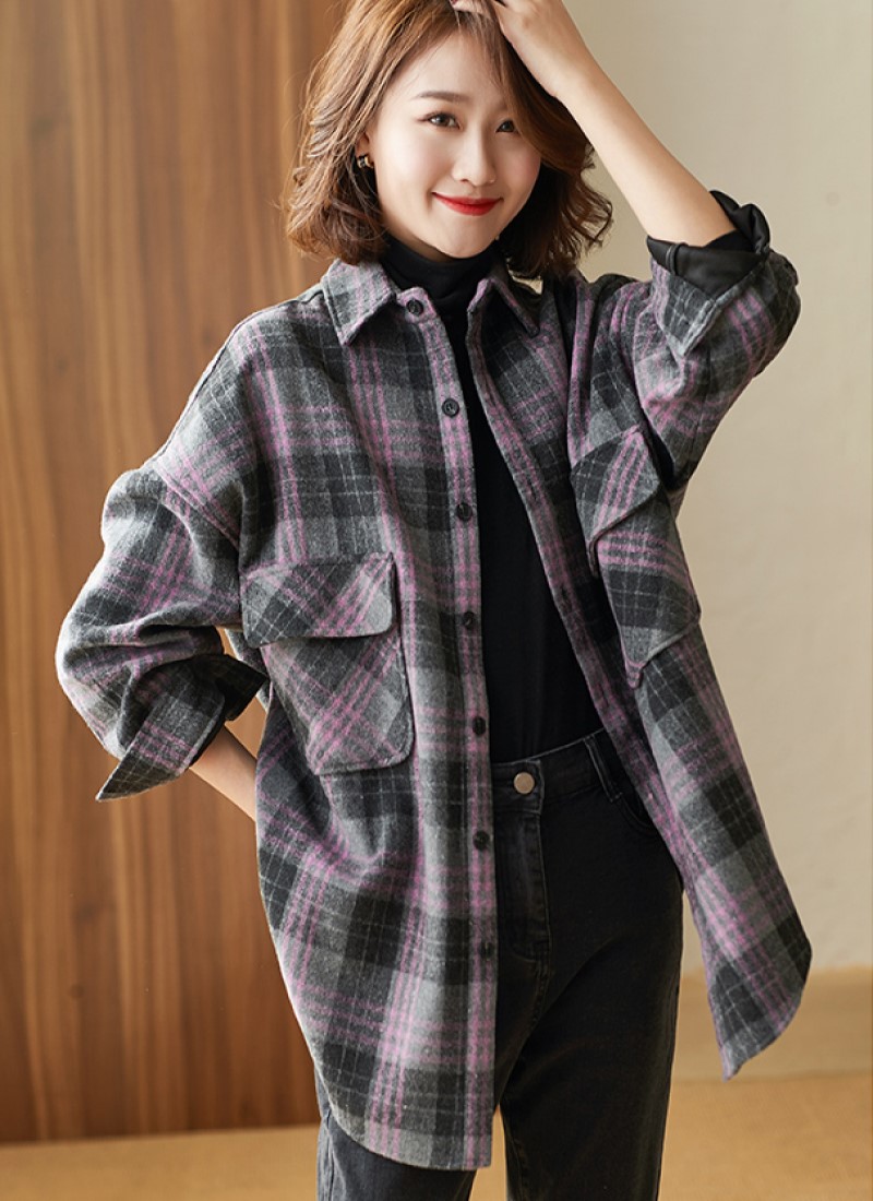 秋冬新款方领衬衣韩版宽松大码加厚磨毛长袖格子衬衫女衬衫 参数