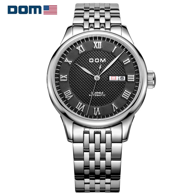 美国dom多姆品牌男士手表男时尚休闲经典精钢商务自动双显机械表防水