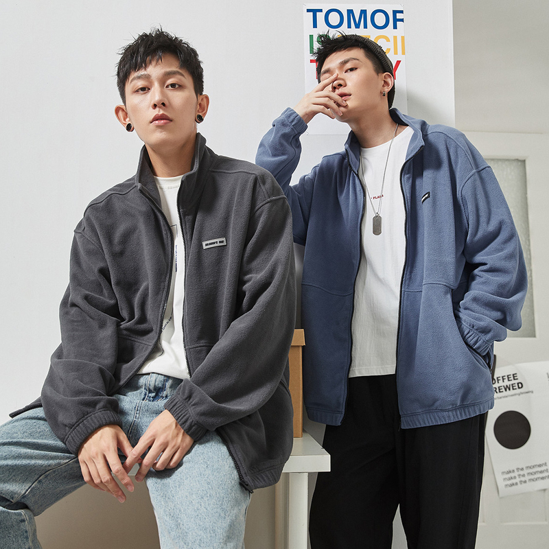 9元]唐狮秋冬新款摇粒绒外套男加厚韩版潮流立领宽松休闲夹克时尚外套